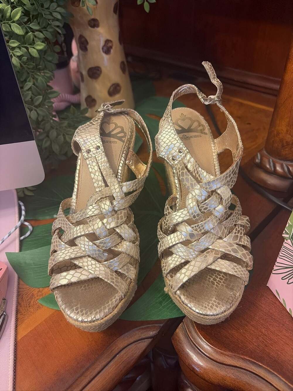 Fergie Fergalicious Gold Snakeskin Print Strappy Espadrille Wedge Sandals